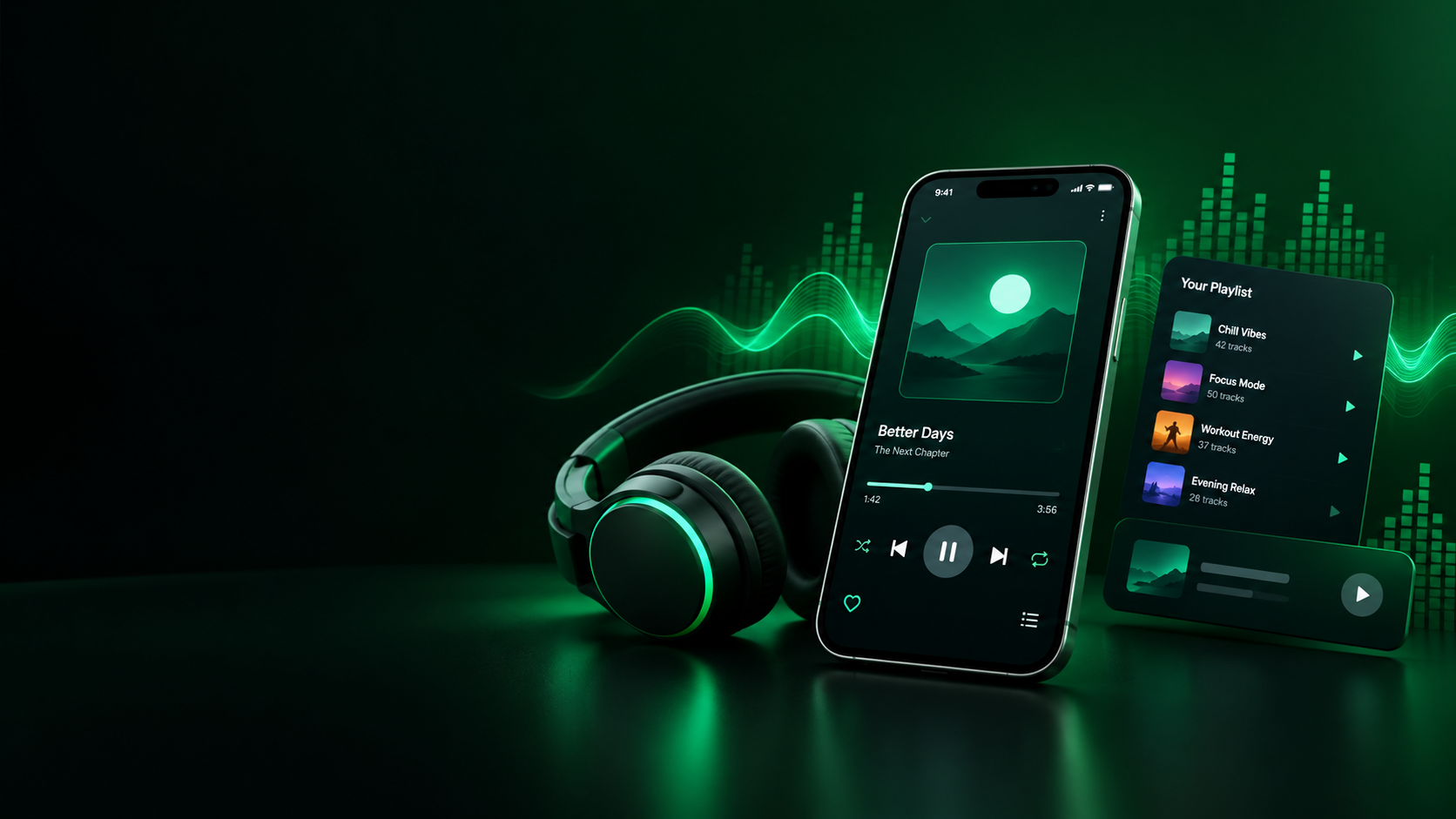 Modern music streaming setup with smartphone, headphones and playlist interface